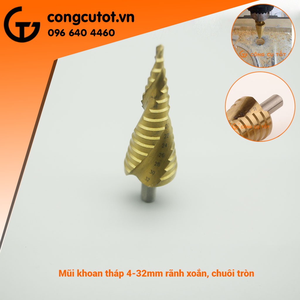 Mũi khoan tháp 4-32mm HSS 4241 rãnh xoắn, chuôi tròn