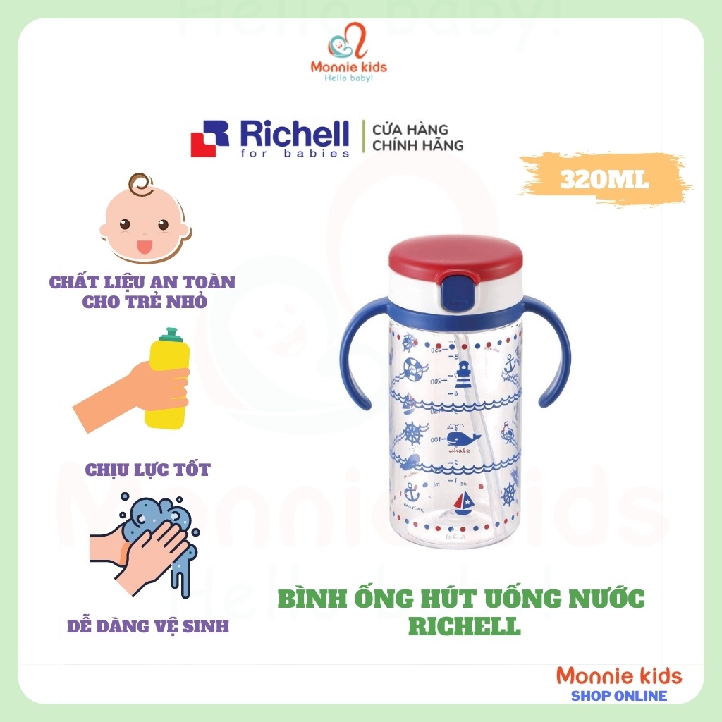 Bình ống hút uống nước Richell 320ml, bình ống hút cho bé an toàn tiện lợi - Monnie Kids