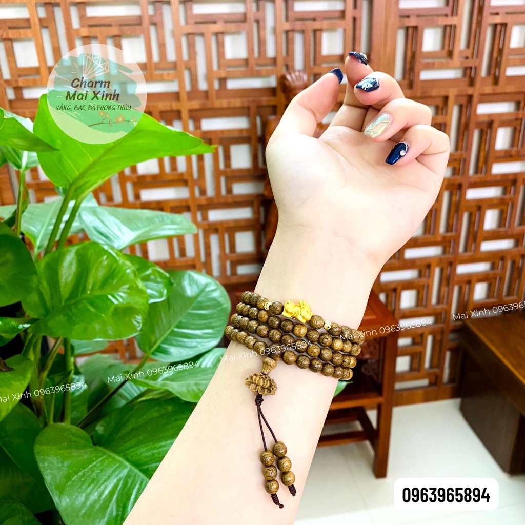 Chuỗi Trầm Hương Tốc 108 Hạt Phối Nghê Bac + Búp Sen Tốc  - Vòng Tay Hoa Gỗ tự nhiên Nam Nữ phong thuỷ cao cấp