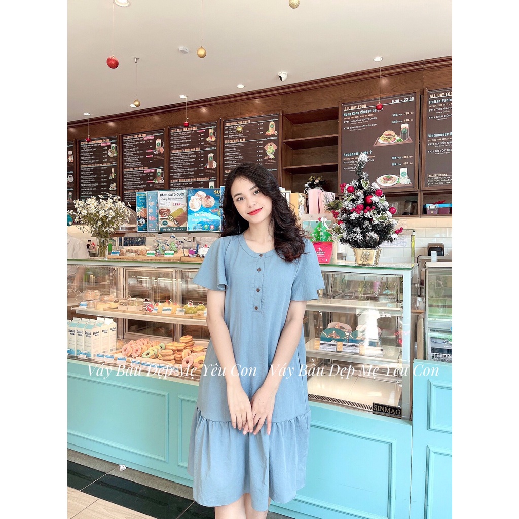 Đầm bầu công sở Váy bầu đẹp đũi sước màu xanh đuôi cá MYC 12M