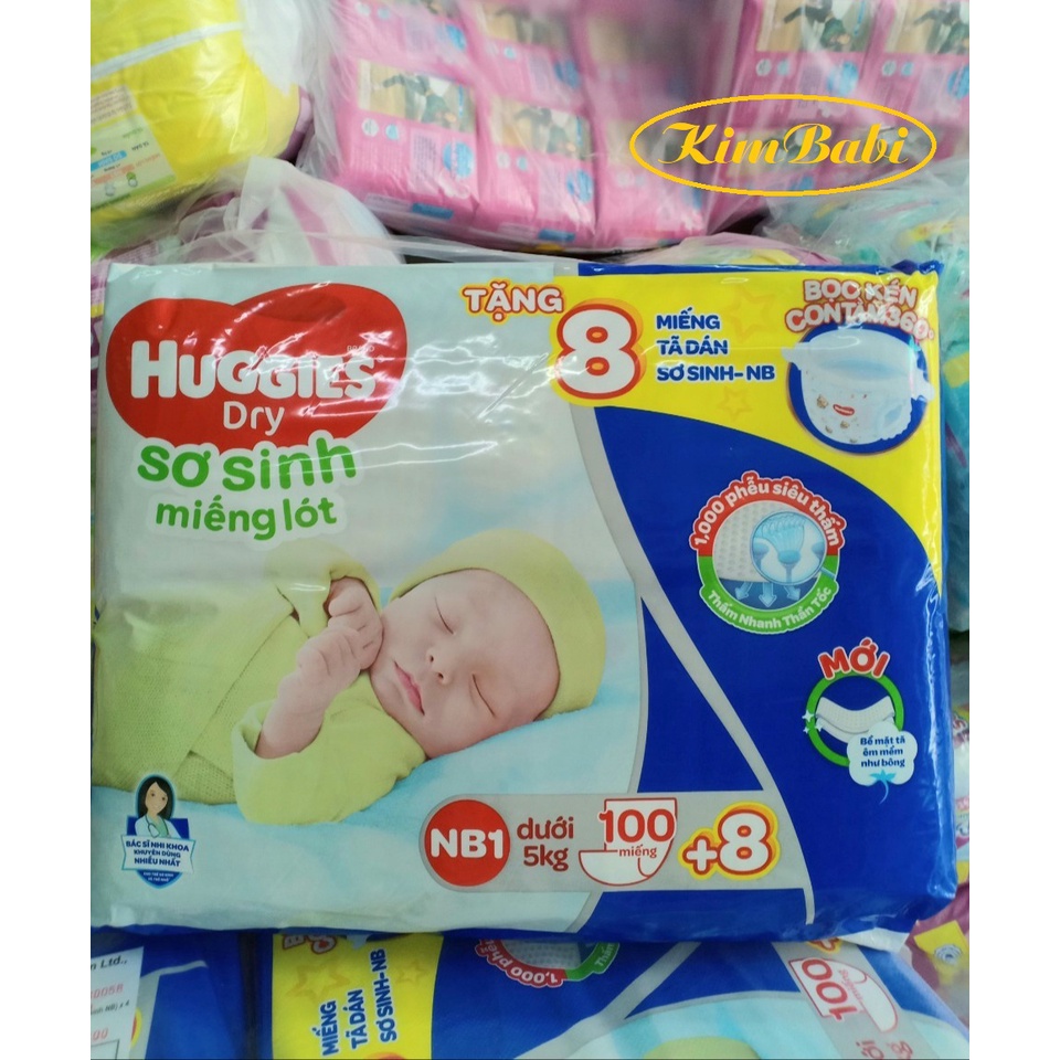 Miếng lót sơ sinh Huggies NB1 100 miếng + Tặng 8 miếng (Dưới 5kg)