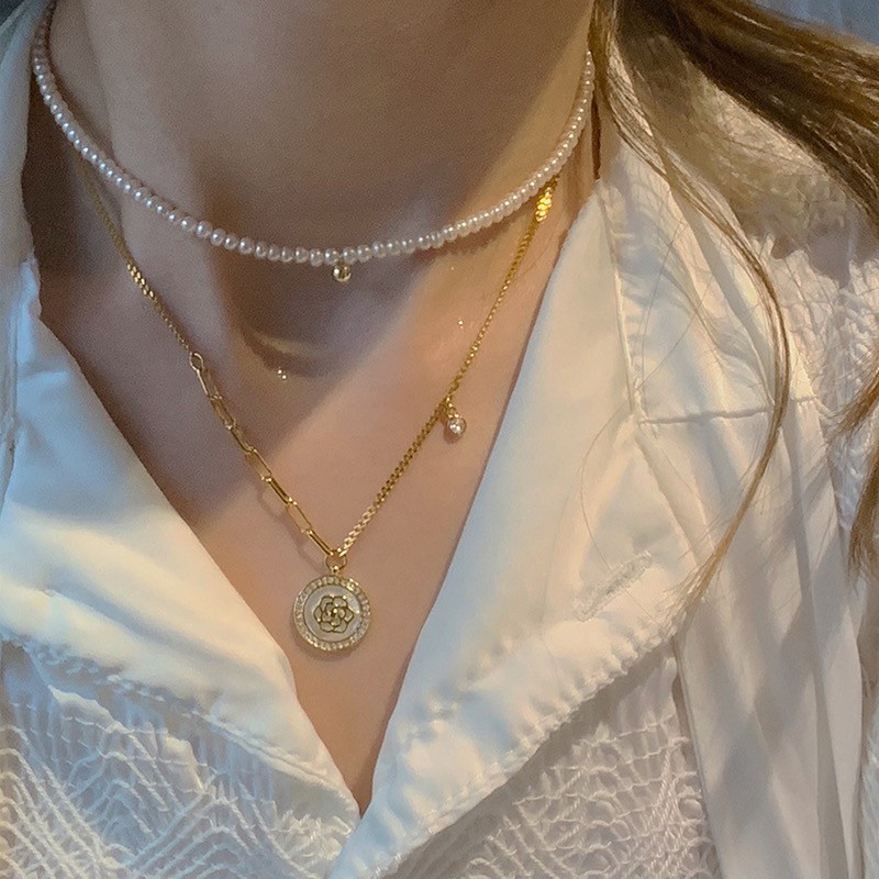Vòng cổ mặt hình hoa trà đính đá thời trang cá tính cho phụ nữ