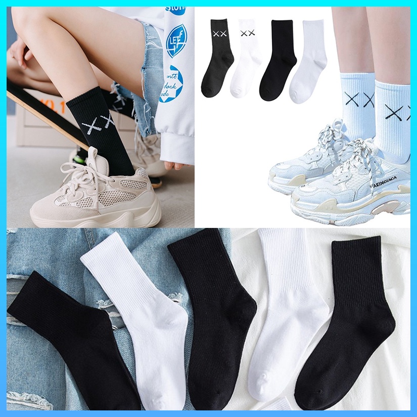 Tất cổ cao, vớ cổ cao nam nữ màu trơn basic in chữ XX vải cotton co giãn thời trang