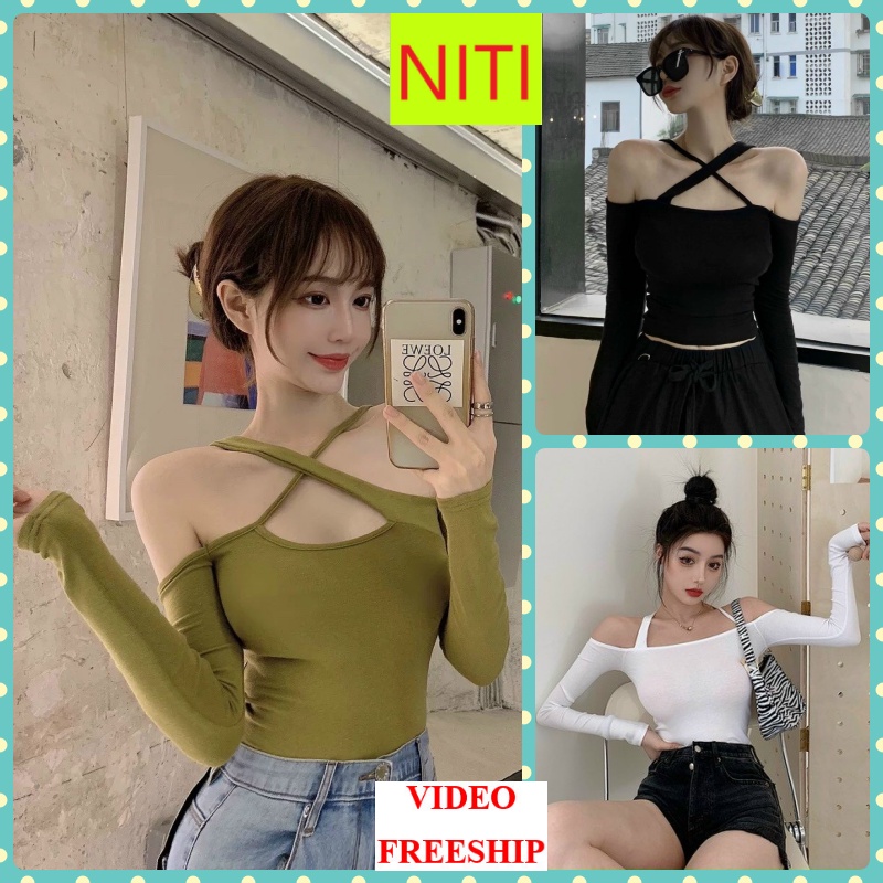 [VIDEO+FREESHIP ] ÁO CROPTOP KIỂU LỬNG NỮ DÀI TAY TRỄ VAI CHÉO NGỰC MÀU TRẮNG ĐEN XANH BƠ TIỂU THƯ CÁ TÍNH NITIQC