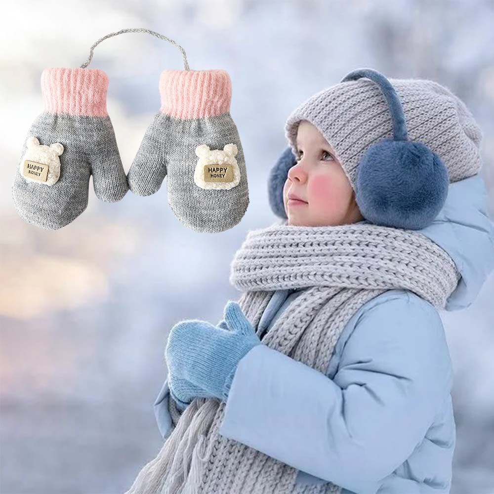 Găng tay dệt kim dày dặn mềm mại giữ ấm họa tiết hoạt hình dễ thương cho bé