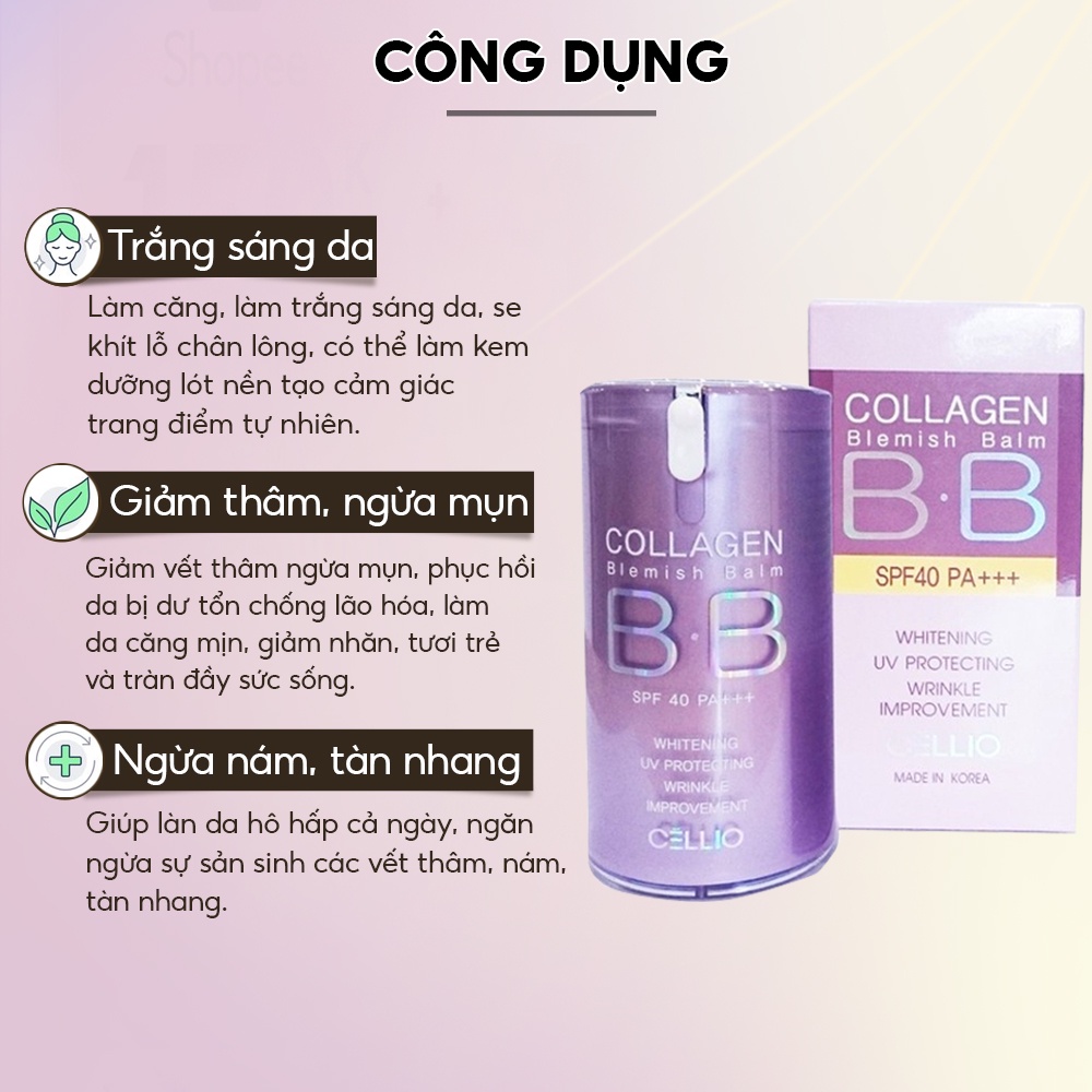 Kem nền trang điểm chống nắng BB Cream Collagen Cellio SPF 40 PA++ Hàn Quốc giúp da trắng sáng chống nhăn chống lão hóa