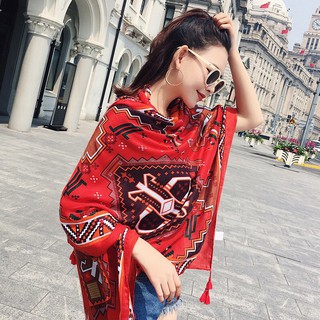 Khăn choàng boho đi biển (Khăn choàng thổ cẩm đỏ) - Mã LN002