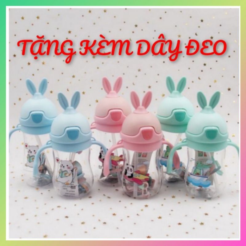 Bình tập hút chống sặc cho bé, bình nước thỏ xinh xắn, an toàn, có quai cằm, tặng kèm dây đeo cho bé