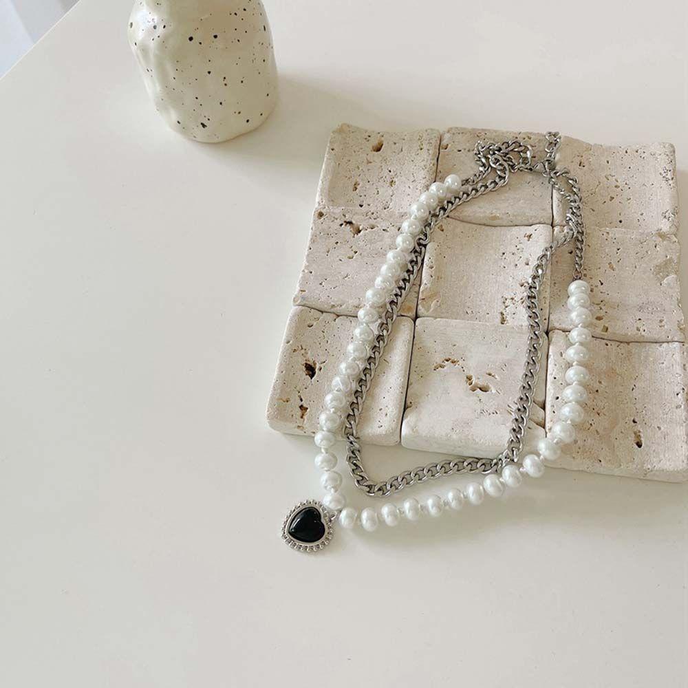 Dây Chuyền Hai Lớp Mặt Hình Trái Tim Màu Đen Phong Cách Hip Hop Thời Trang Cho Nữ