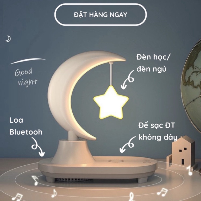 Đèn Ngủ Mặt Trăng Lơ Lửng 3 Trong 1 Mẫu Gấu Thỏ - Đèn decor kiêm sạc không dây, loa bluetooth