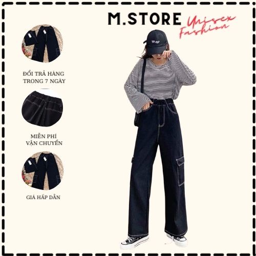 Quần suông gân chỉ giả jean nam nữ ống rộng Unisex 2 túi hộp chất thái chéo có ảnh thật và video M.Store