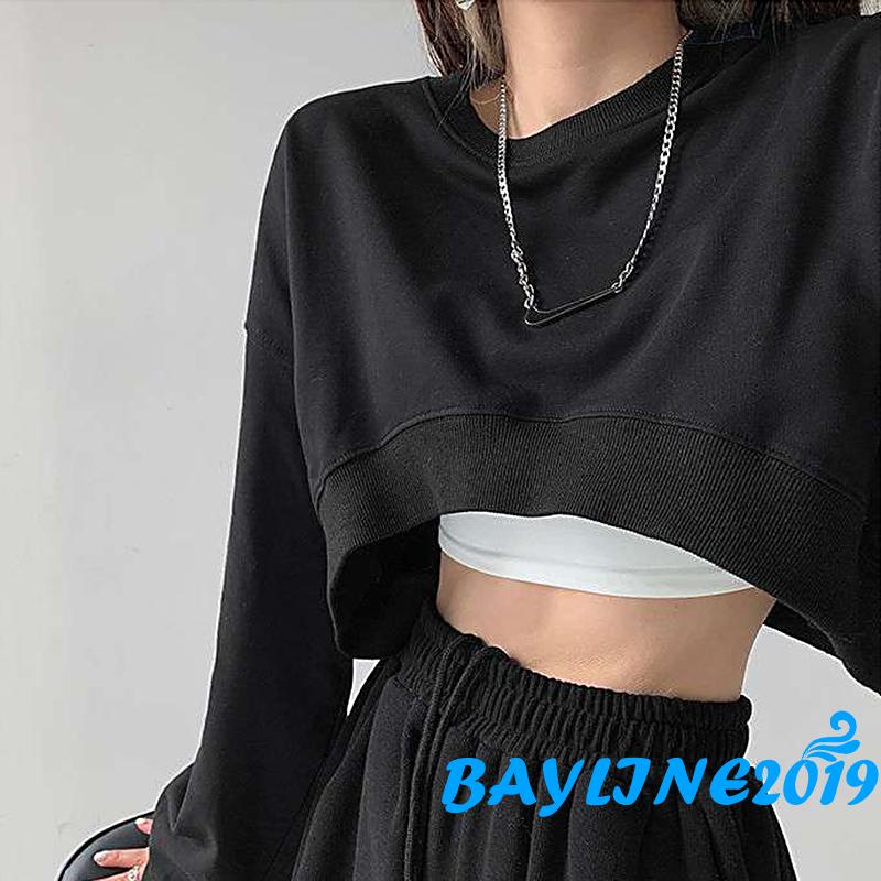 Áo thun dài tay hở rốn cổ tròn màu trơn thời trang năng động cho nữ