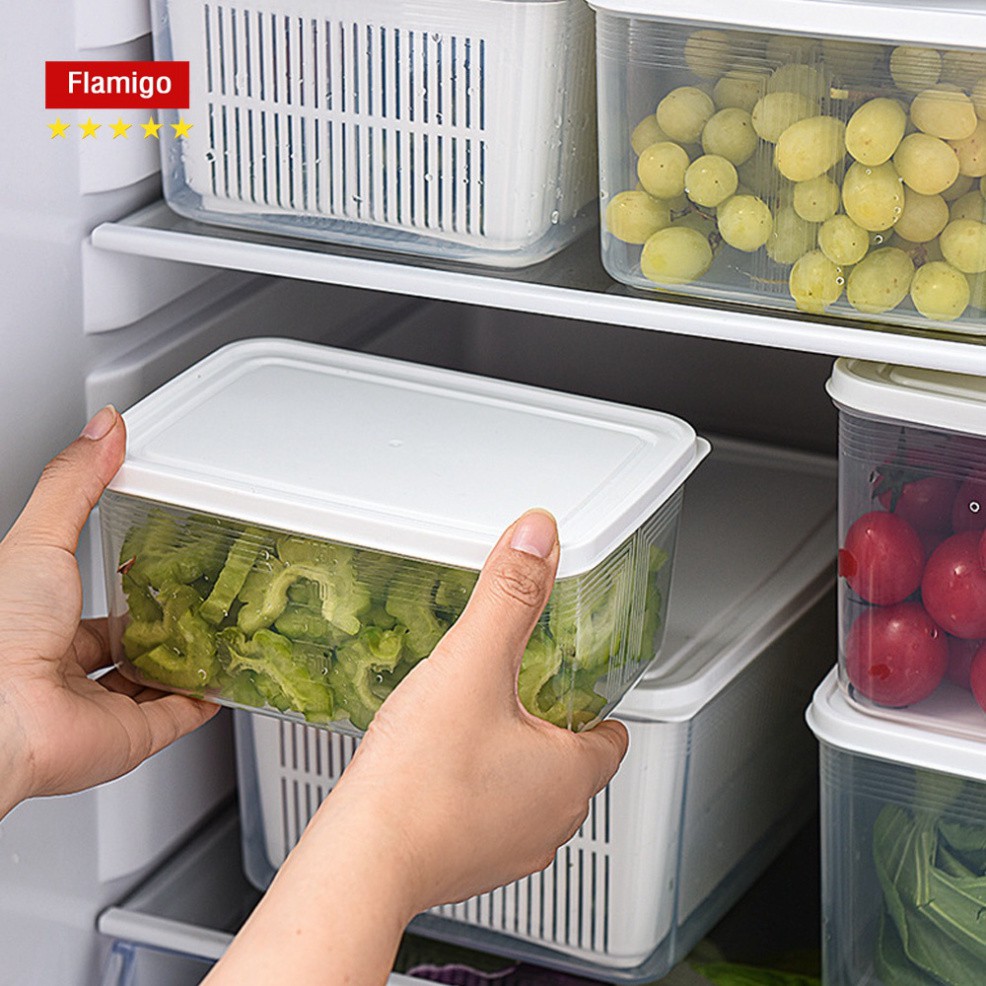 Hộp đựng thực phẩm có nắp đậy cao cấp, khay nhựa để tủ lạnh kèm rổ ráo nước bảo quản thức ăn tiện dụng .