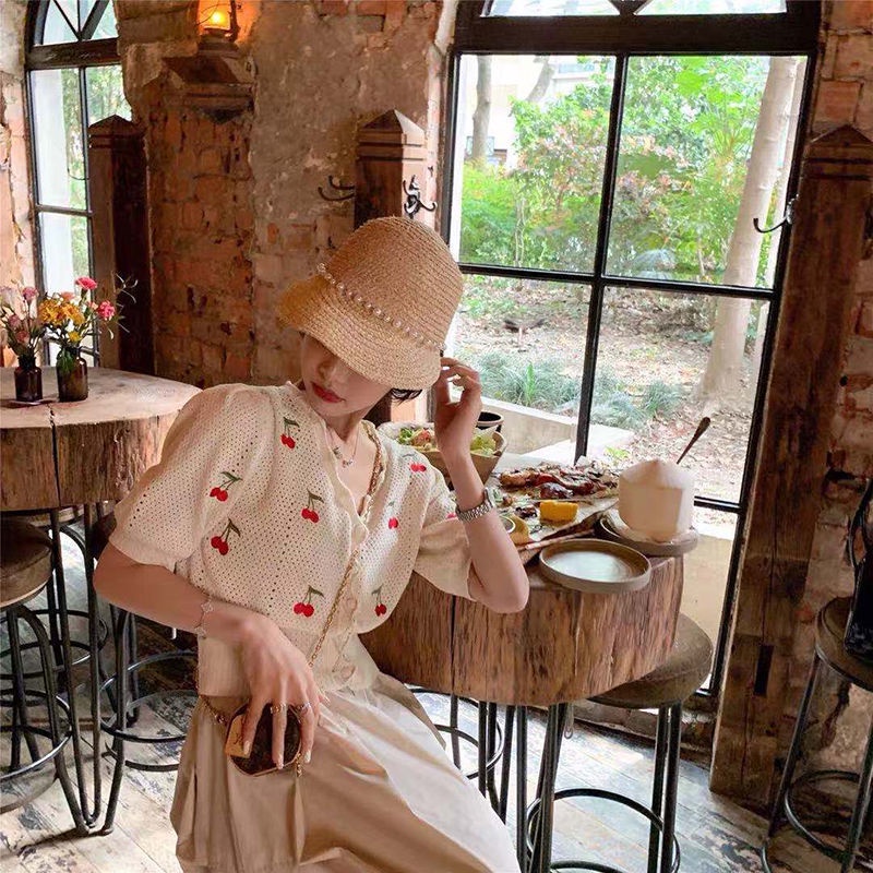 Áo Sweater Dệt Kim Thêu Hình Trái Cherry Xinh Xắn Cho Nữ