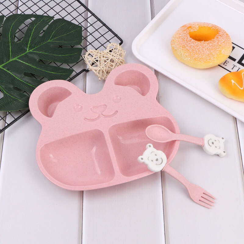 khay ăn dặm 2 ngăn hình gấu cho bé gồm muỗng + nĩa