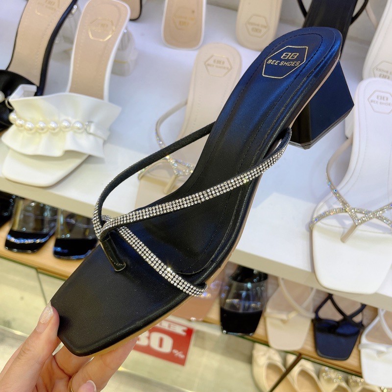 BEESHOES - GUỐC NỮ MŨI VUÔNG XỎ NGÓN ĐÁ - GUỐC NỮ MŨI VUÔNG ĐẾ VUÔNG CAO 3 PHÂN SẴN MÀU ĐEN - KEM - TRẮNG 210371