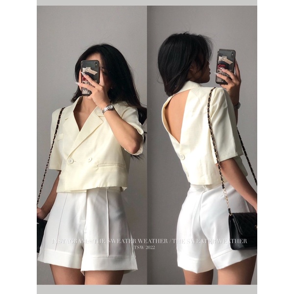 Áo khoác vest dáng lửng đệm vai khoét lưng vải tex the.sweaterweather TSW