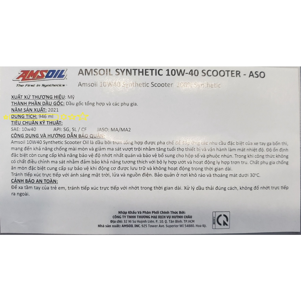 NHỚT AMSOIL SCOOTER 10W40 4T FULL TỔNG HỢP - DÀNH CHO XE AB NVX VISION SH300i