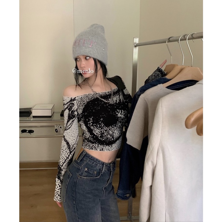 QKOOLE  Áo Dệt Kim Tay Dài Hở Vai Quyến Rũ Thời Trang Phong Cách Hàn Quốc Cho Nữ