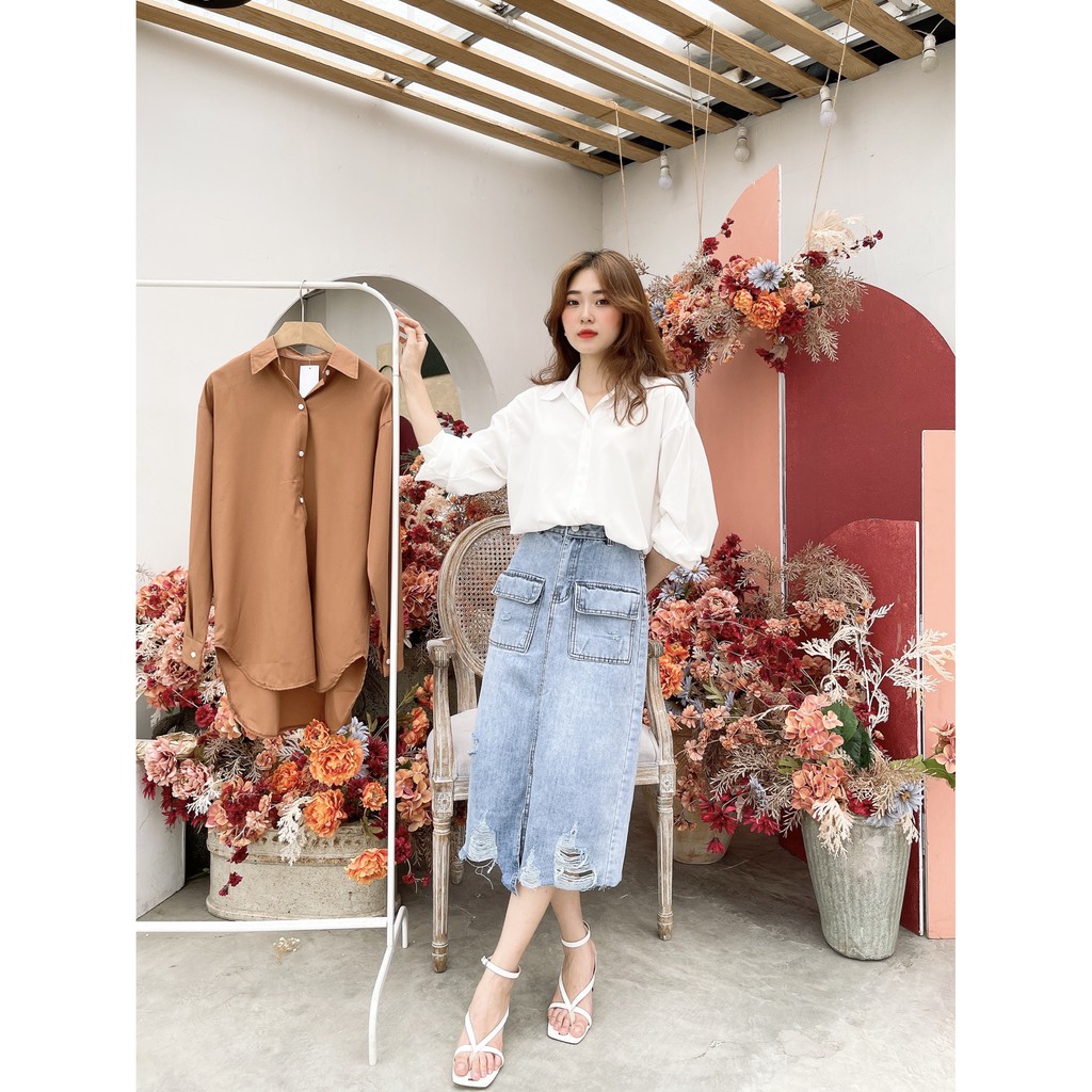 set áo sơ mi chân váy jean cap cao siêu đẹp
