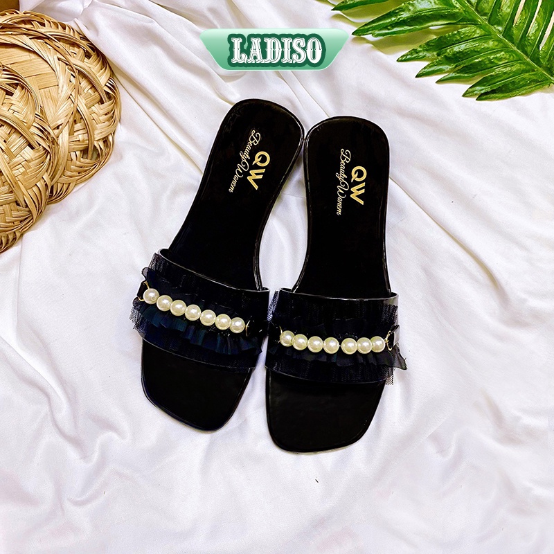 Dép quai ngang nữ LADISO phối ren nhún bèo kết ngọc mẫu mới cực xinh - TT348