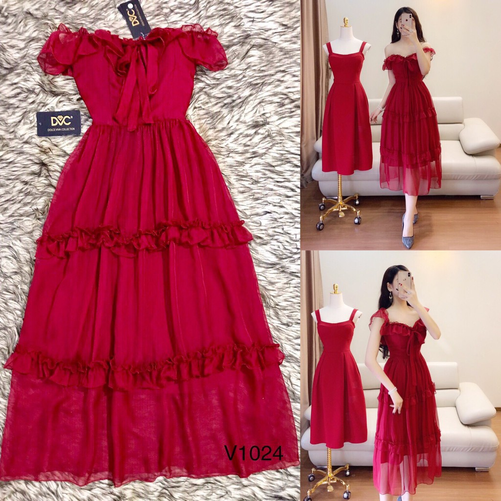 [ xả kho ] MiD Đầm maxi đỏ đô V1024 Mie Design ảnh thật