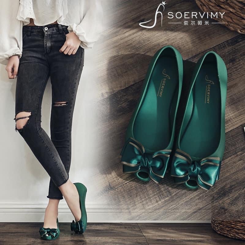 Giày nhựa dẻo thơm Soervimy nơ đúp hở mũi xanh hồng đen