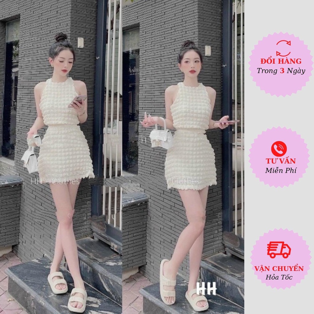 Set áo xốp nhăn croptop ô vuông ba lỗ sát nách dáng ngắn ôm body kèm chân váy chữ A đi biển Hàn Quốc