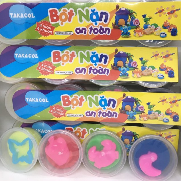 Đất nặn bột mì bột nặn TAKACOL vỉ 4 màu có khuôn chơi kèm trong hũ  BG03