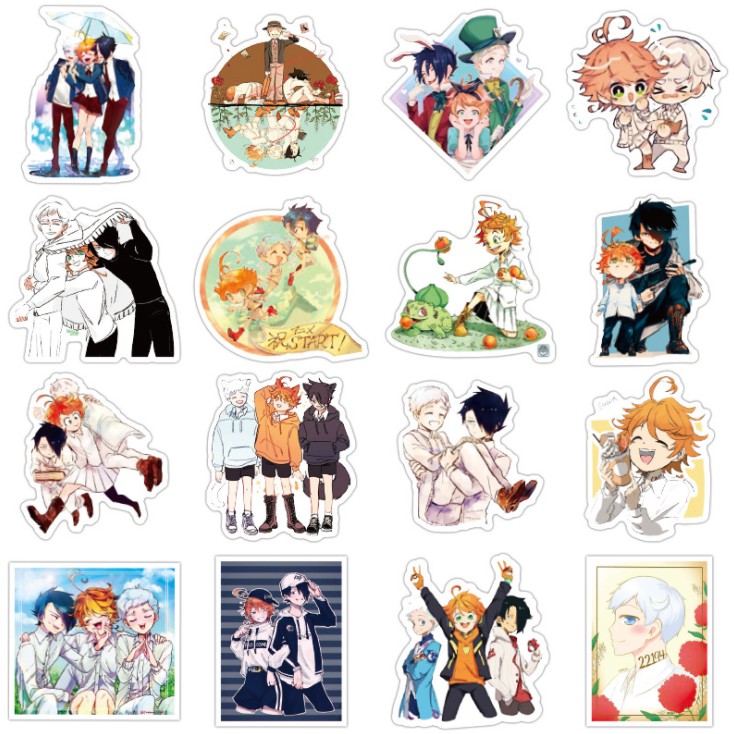 Combo 100 sticker Miền Đất Hứa - Yakusoku no Neverland không thấm nước dán laptop, vali, mũ bảo hiểm,...