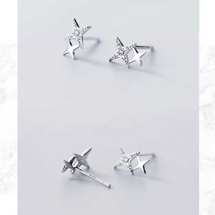 Khuyên tai cho nữ kiểu dáng thanh mảnh ngôi sao đôi 4 cánh - Bảo Ngọc Jewelry B2617