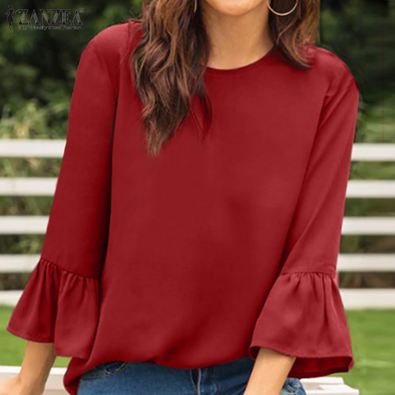 ZANZEA Áo Kiểu Tay Lỡ 3/4 Màu Trơn Thời Trang Đường Phố Châu Âu Cho Nữ