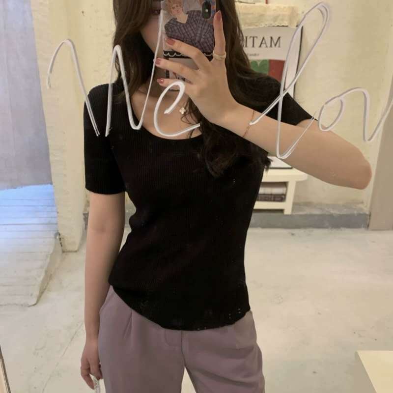 Áo Thun Tay Ngắn Cổ Vuông Bằng Lụa Lạnh Thời Trang 2023 Cho Nữ