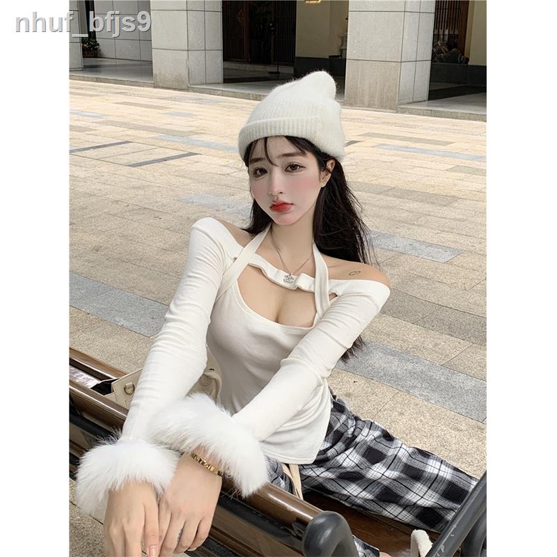 (Giá Hủy Diệt)✗⊙♝Mùa thu và mùa đông áo quây màu đen áo quây mỏng không đều dài tay ngắn đáy áo khâu len tay áo thun nữ