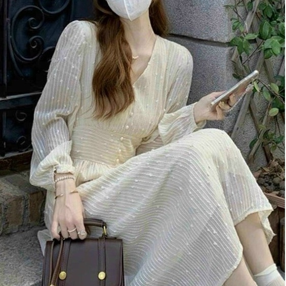 Váy thiết kế,váy dự tiệc dáng xòe cổ tim tay dài chất liệu ren thêu nhũ full 2 lớp tiểu thư dạo phố XM Minh Phúc