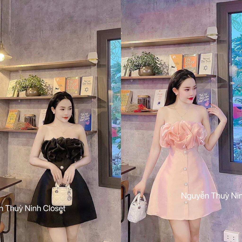 Đầm nữ đi tiệc đám cưới siêu dễ thương 2 màu đầm ống bèo nhũ bẹt vai hàng nút hồng đen siêu đẹp sang chảnh