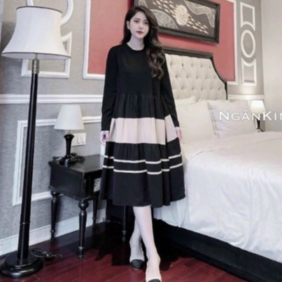 Váy Bầu Thu Đông Dáng Dài Chất Cotton Mềm Ấm Dài Tay Dáng Xòe Thiết Kế Trẻ Trung -Đầm Bầu Mùa Thu
