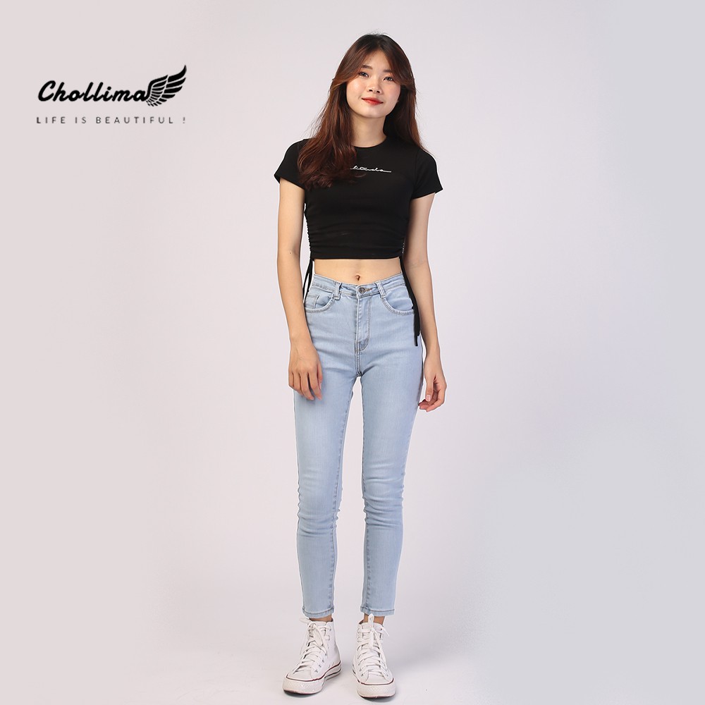 Quần jeans dài nữ co giãn Chollima trơn màu xanh trắng QD024 – quần bò nữ ulzzang