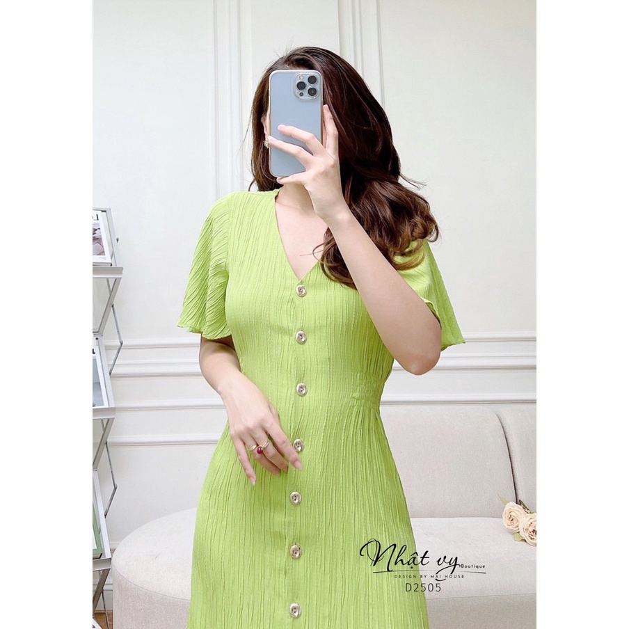 Đầm dự tiệc Nhật Vy cổ tim tay cánh tiên cài cúc eo bo thun chất tơ vân phù hợp đi chơi, cafe sang chảnh  - D2505