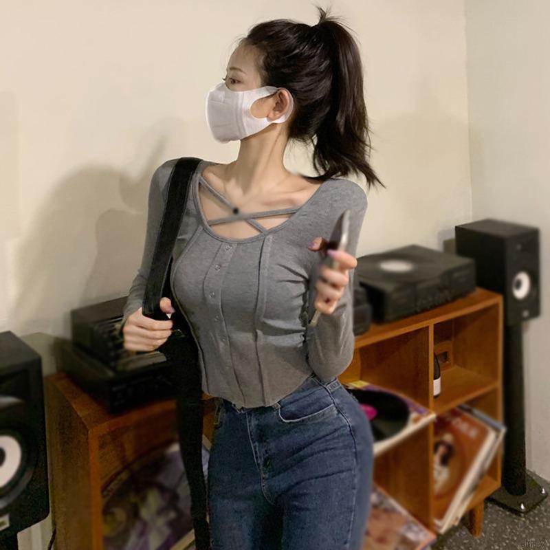 Áo thun tay dài màu sắc đơn giản cho nữ