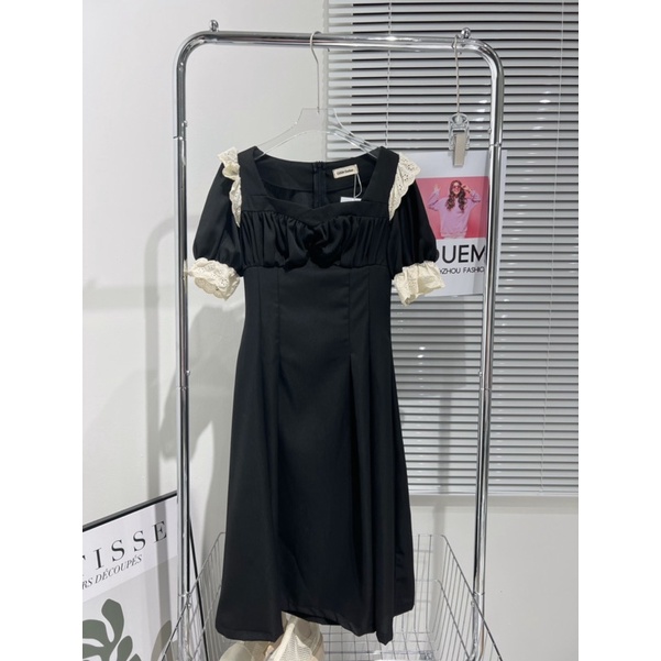 Váy nữ dáng dài vai và tay phối ren thời trang - GUEM Clothes