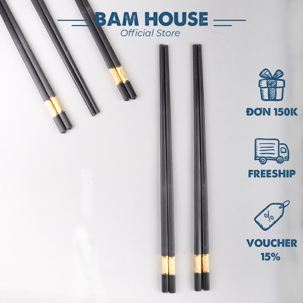 Bộ 10 đôi đũa nhựa chịu nhiệt Bam House đuôi hoạ tiết vàng cao cấp DMV05