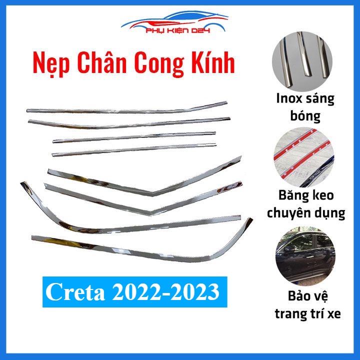 Bộ nẹp viền chân kính cong kính Creta 2022-2023-2024 Inox sáng bóng chuẩn form xe