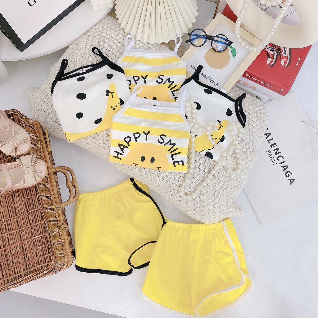 Bộ hai dây bé gái, bộ cotton 2 dây họa tiết chuối vàng- Happy Smile cho bé
