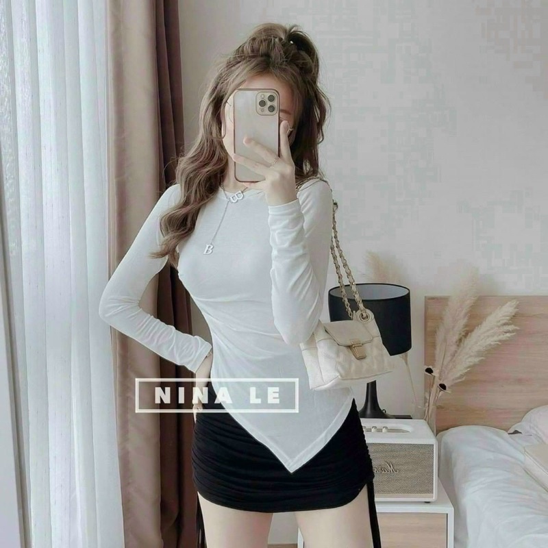 Áo thun bozip dài tay nhúm eo  phần eo nhúm che khuyết điểm cực tốt, tà chéo cực xinh