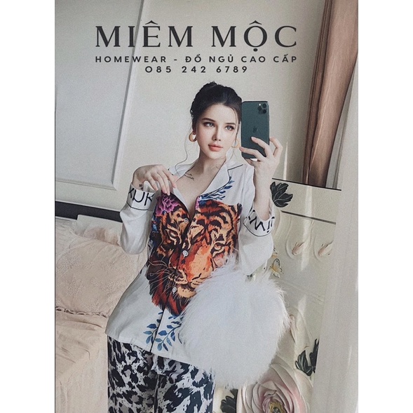 Pijama dài tay Lei trắng báo đốm cao cấp quảng châu.