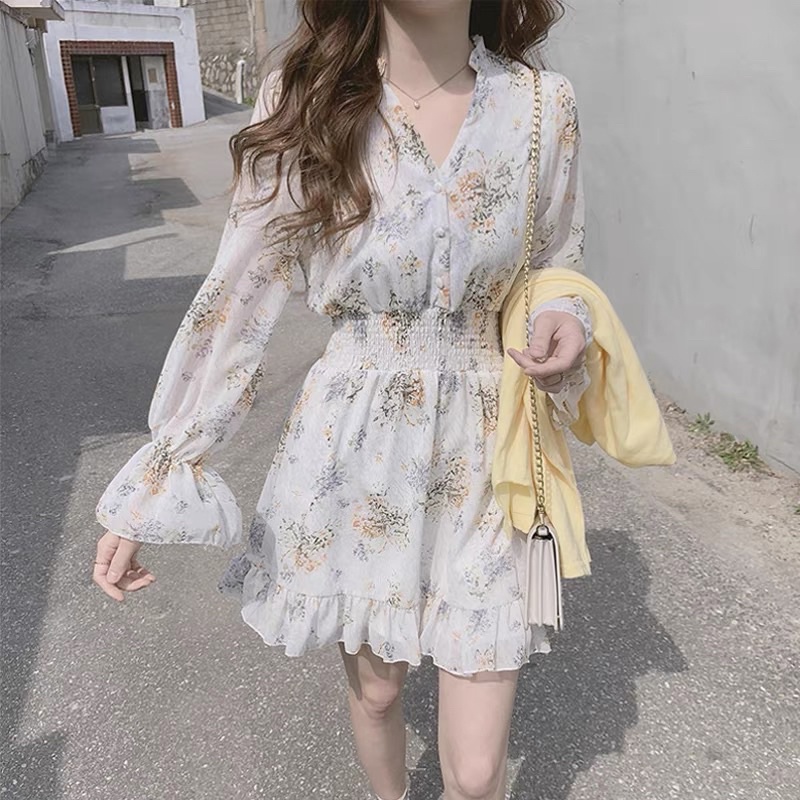 Đầm váy voan hoạ tiết hoa to bản eo chun tôn dáng Aimee closet
