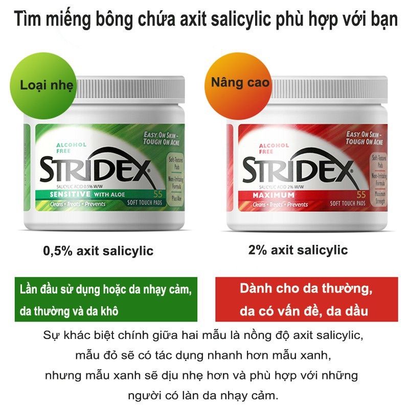 【Từ tp Hồ Chí Minh gửi hàng】Miếng lau giảm mụn  Stridex Axit Salicylic Mỹ Loại 0.5%/2% BHA 55 Pads Tẩy tế bào chết giảm mụn