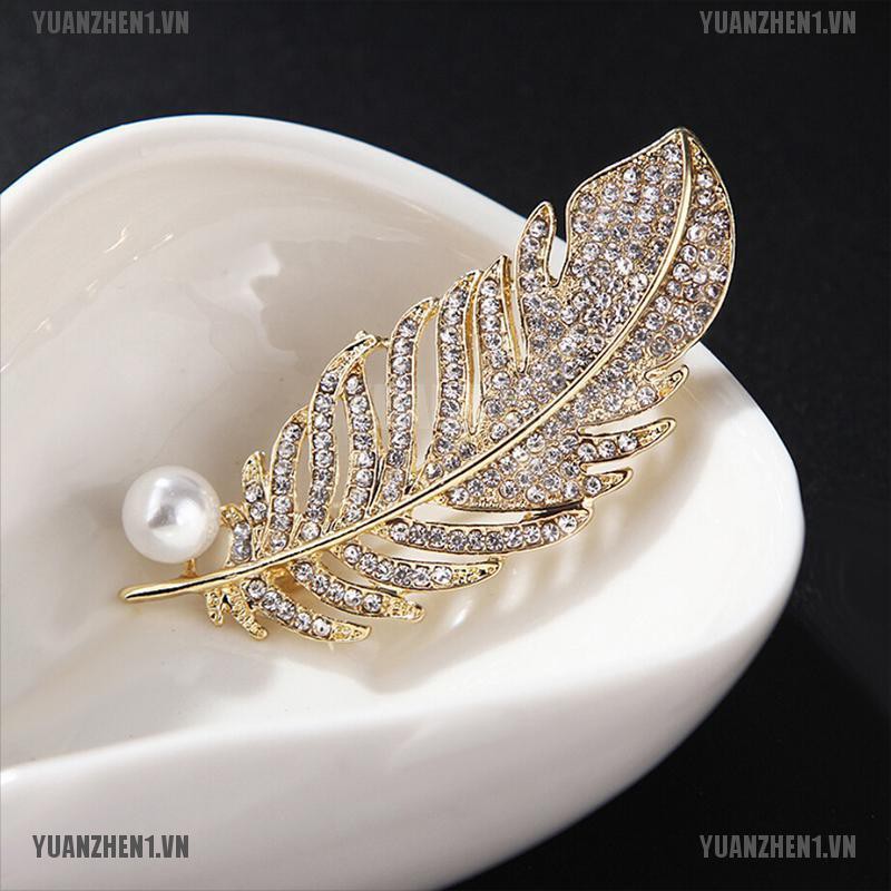 [YUANZHEN1] Trâm Cài Áo Hình Lông Vũ Pha Lê Đính Ngọc Trai Trang Trí Túi Xách