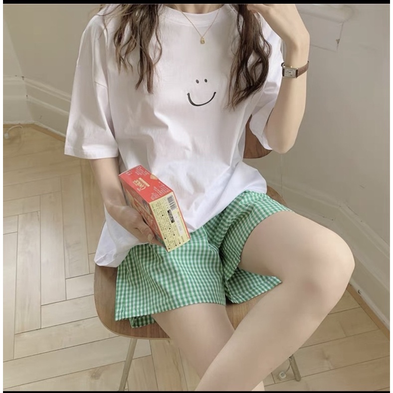 Set Mặt Cười Short Caro Xanh Nữ [FREESHIP]  Bộ ngủ áo thun trắng quần sooc đùi kẻ form rộng Ulzzang